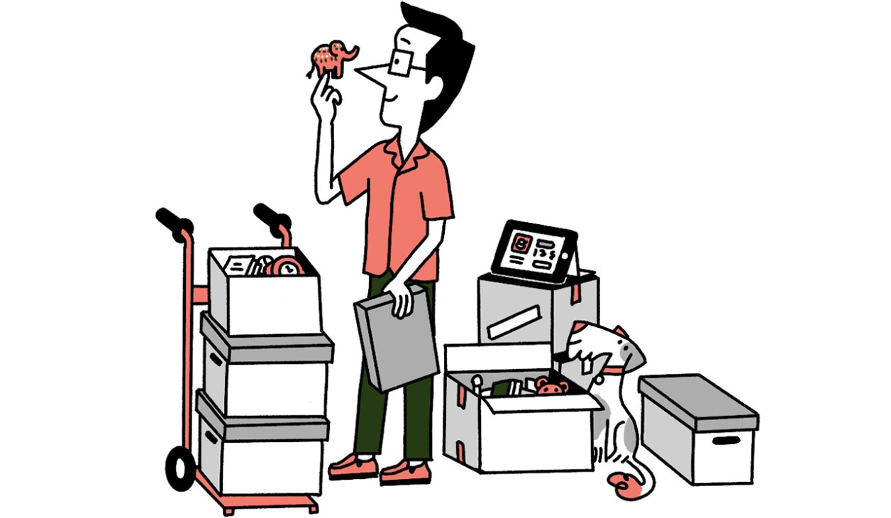 Illustration of Andrew Tuck looking at old trinkets
