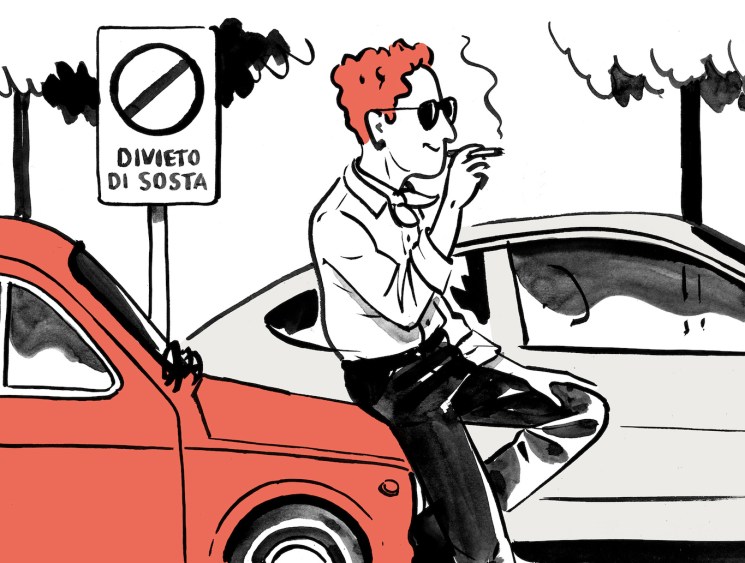 Illustration of a man in Italy smoking while double parked