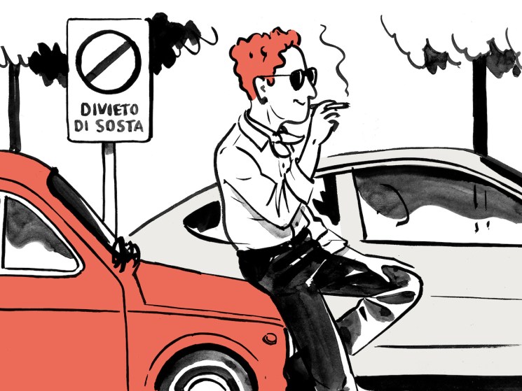 Illustration of a man in Italy smoking while double parked
