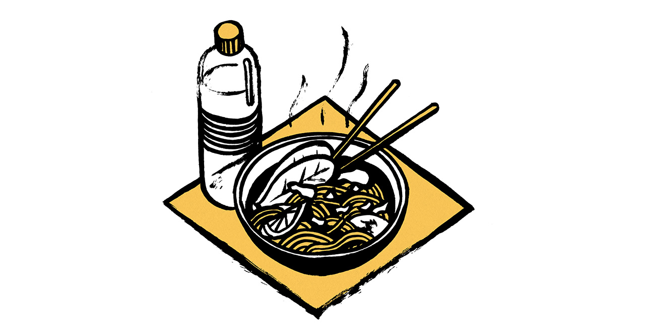 An illustration of a plate of food and bottle of water