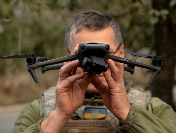 DONETSK OBLAST, UKRAINE - OCTOBER 2: The aerial reconnaissance unit of the 17th Tank Brigade receives Mavic 3 drones purchased by volunteers on October 2, 2023 in Donetsk Oblast, Ukraine. Ukrainian military, under the adjustment of UAVs, fires on Russian dugouts, firing positions and logistical routes, destroying the offending Russian infantry, and supporting the Ukrainian assault operations. (Photo by Viktor Fridshon/Global Images Ukraine via Getty Images)
