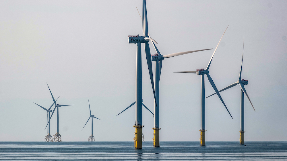 Offshore wind turbines off the coast of Zhunan Township in Taiwan, on Sunday, Feb. 18, 2024. Each year, the world installs more turbines, and the size of blades keeps growing to harvest wind more efficiently. Photographer: Lam Yik Fei/Bloomberg via Getty Images