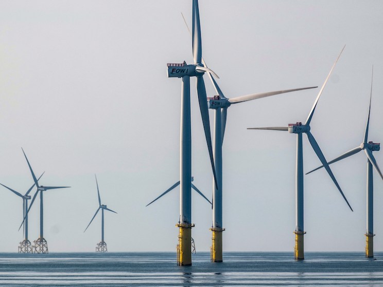 Offshore wind turbines off the coast of Zhunan Township in Taiwan, on Sunday, Feb. 18, 2024. Each year, the world installs more turbines, and the size of blades keeps growing to harvest wind more efficiently. Photographer: Lam Yik Fei/Bloomberg via Getty Images