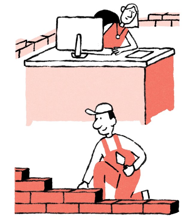 Illustration of a person working watching a builder build a wall