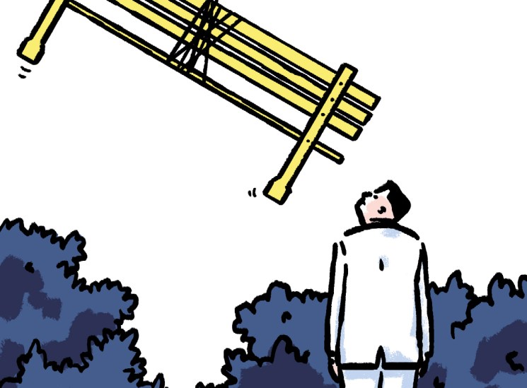 Illustration of a man looking at a park bench