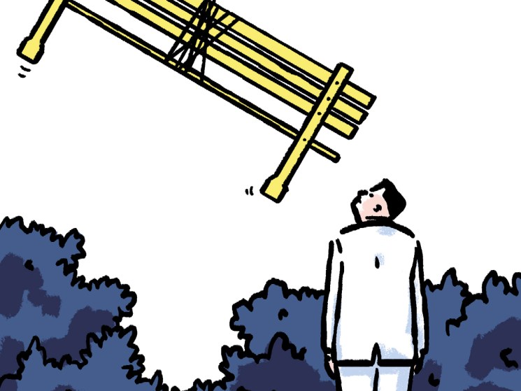 Illustration of a man looking at a park bench