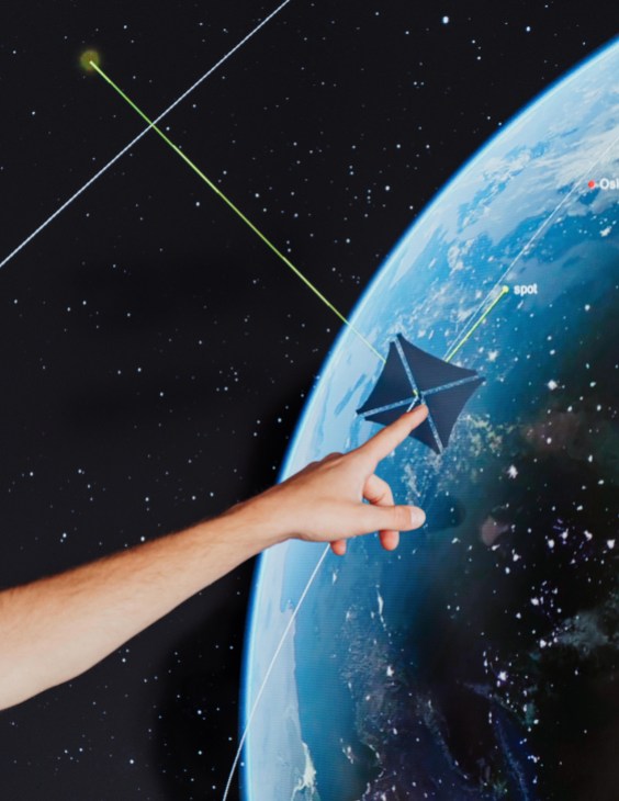 A graphic of a satellite in orbit