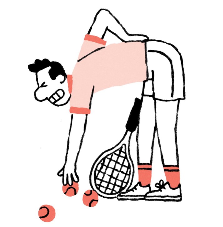 Illustration of man bending down to grab a tennis ball