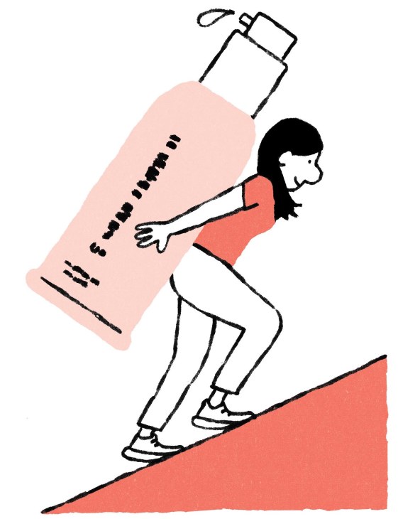 Illustration of woman with a bottle of skincare of her back climbing a hill