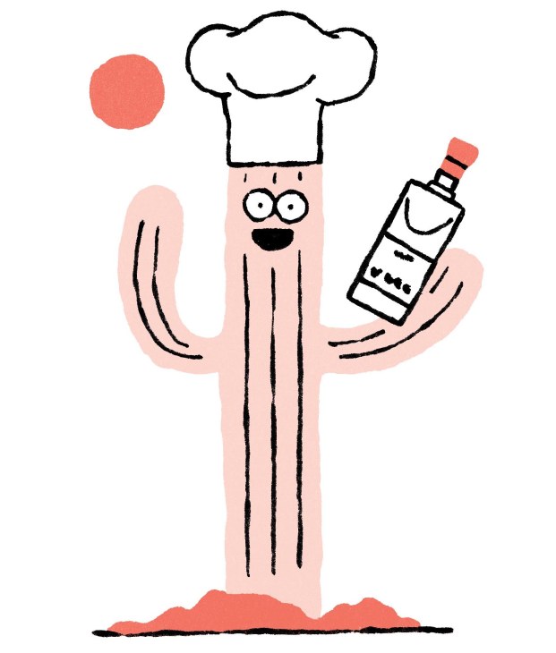Illustration of a cactus holding a mezcal bottle