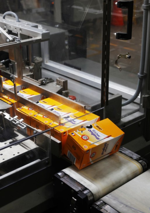 Boxes of pens in the Bic factory