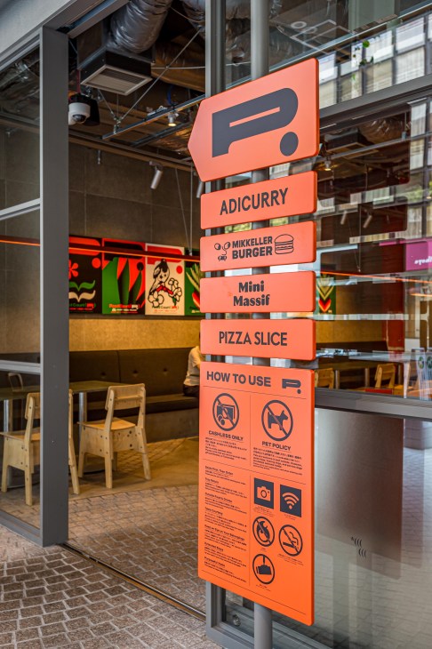A sign at P food court