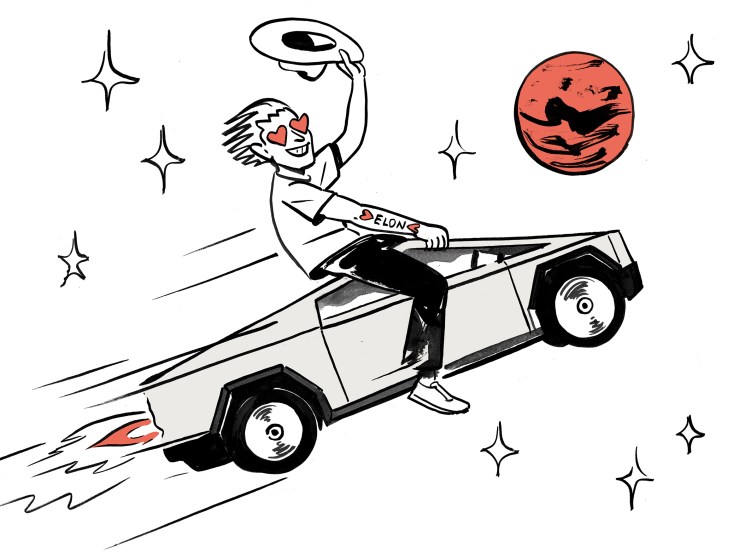Illustration of an Elon Musk superfan in a Tesla rocketing off to Mars