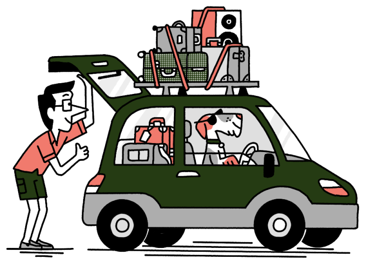 Illustration of Andrew Tuck packing his car for a holiday