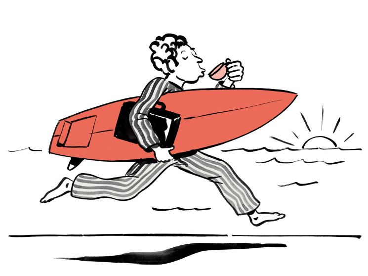 Illustration of business man with a surfboard