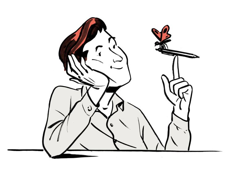 Illustration of someone sitting at their desk, daydreaming