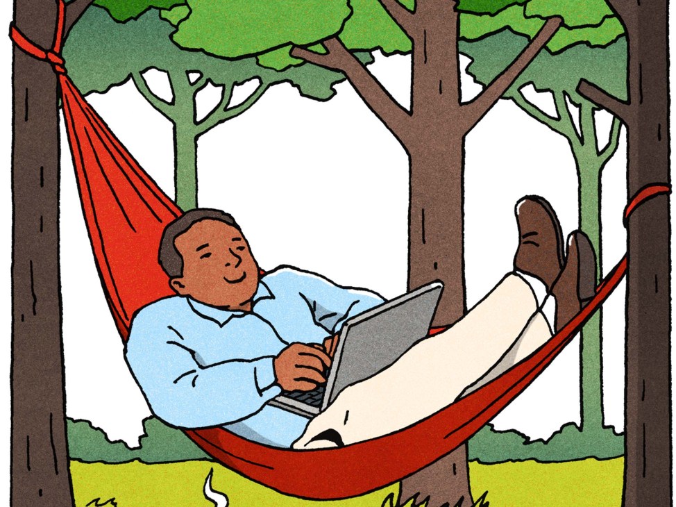 Illustration of man in hammock with a laptop