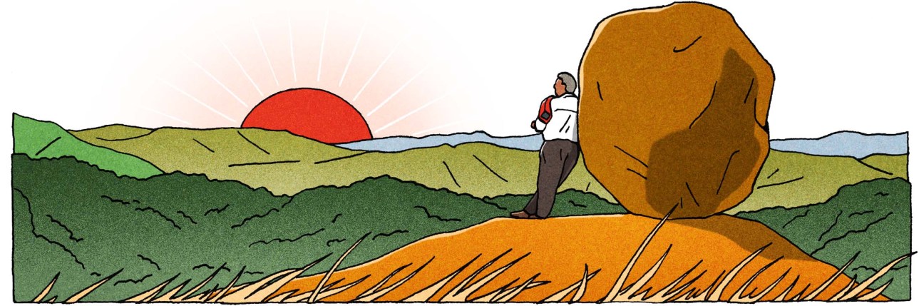 Illustration of man looking into the sunset on a hill