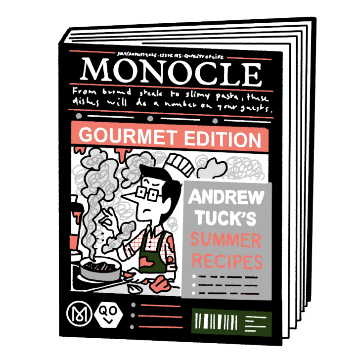 Illustration of the gourmet edition of Monocle magazine featuring Andrew Tuck 's stint as a chef on the cover