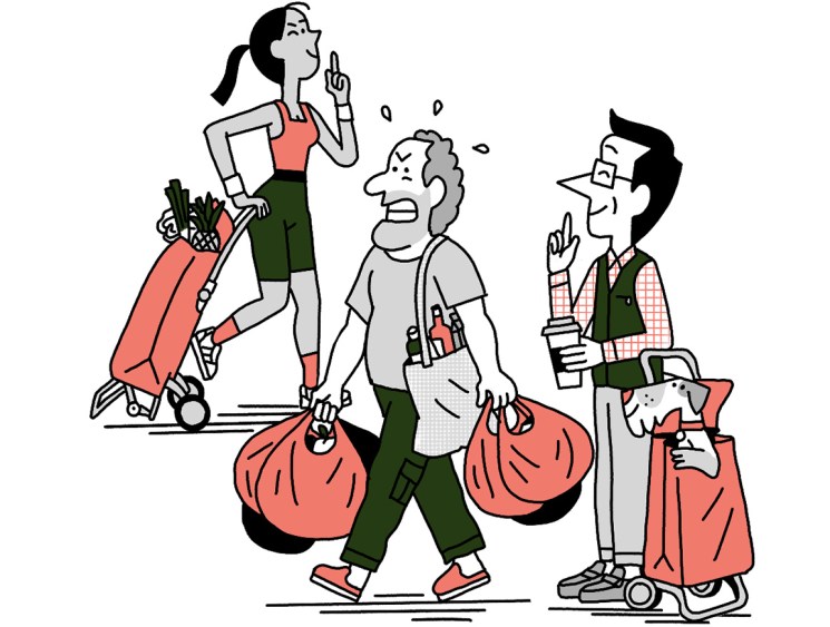 illustration of shoppers struggling with bags while Andrew Tuck enjoys the smooth glide of his Rolser shopping trolley