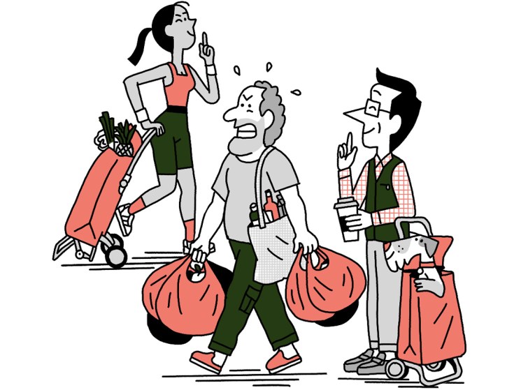 illustration of shoppers struggling with bags while Andrew Tuck enjoys the smooth glide of his Rolser shopping trolley