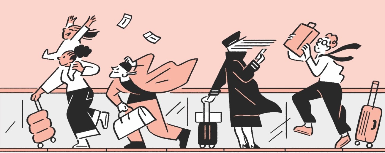 Illustration of pedestrians being flung off a high speed travelator