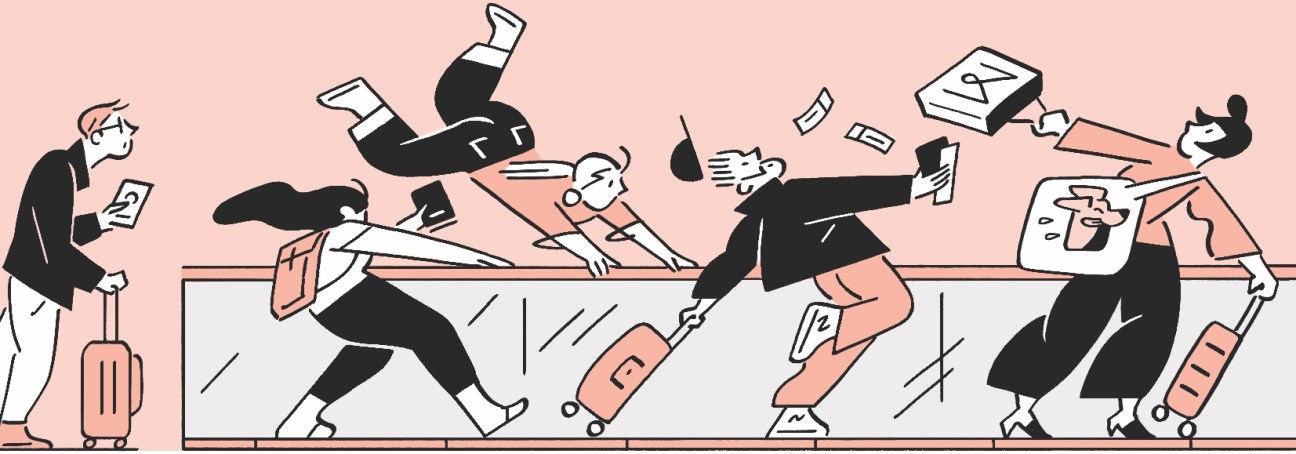 Illustration of pedestrians being flung off a high speed travelator
