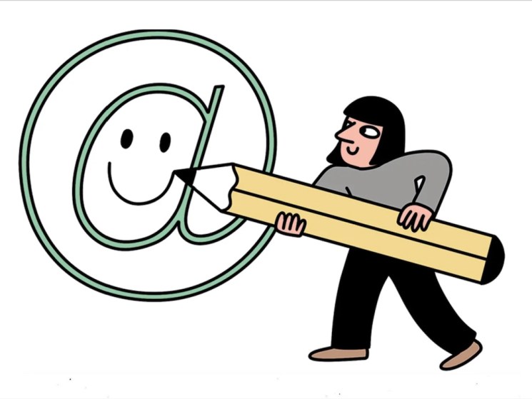 illustration of a person drawing an @ sign with a giant pencil