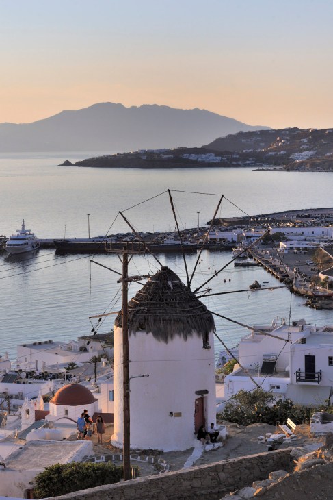 Windmills overlooking Mykonos harbour