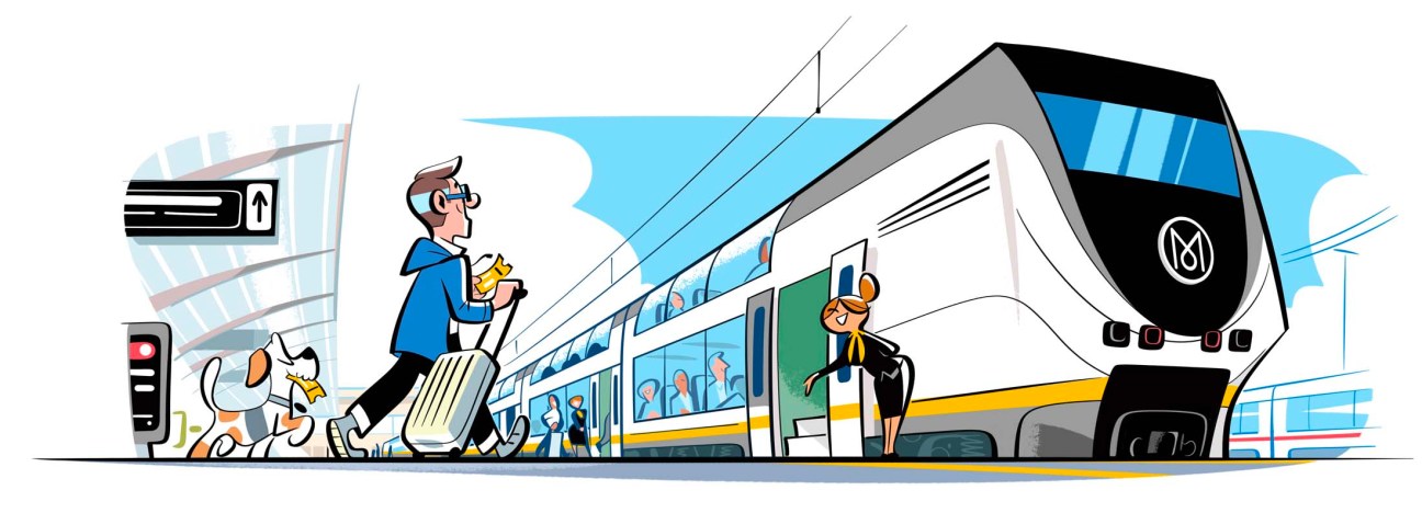 Illustration of Andrew Tuck boarding a train