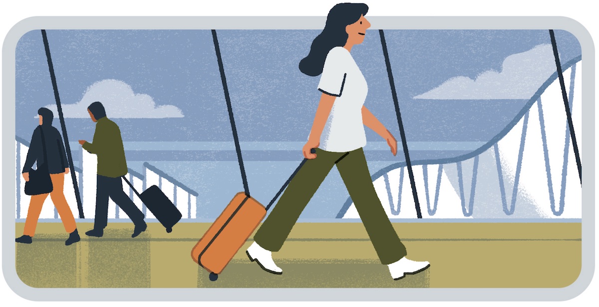 Illustration of a woman walking her luggage through an airport