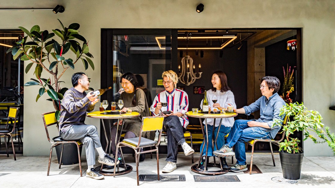 Diners drinking wine in Kyoto