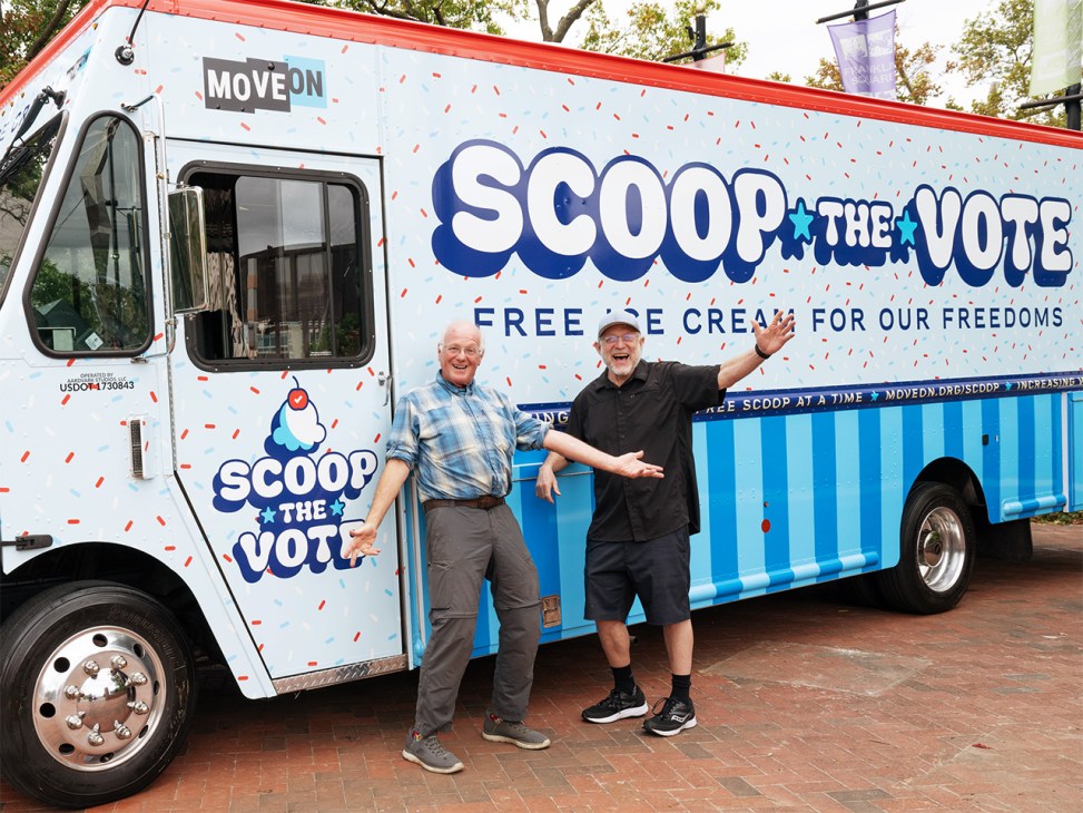 Cohen and Greenfield partnered with MoveOn to get-out-the-vote for Kamala Harris in 2024, pictured with their Scoop The Vote van