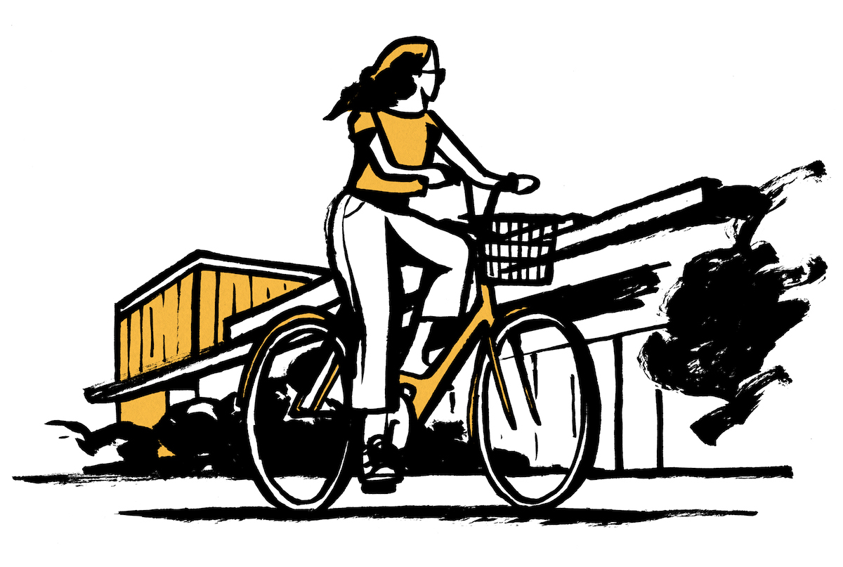 Illustration of a woman on a bike in Kyoto