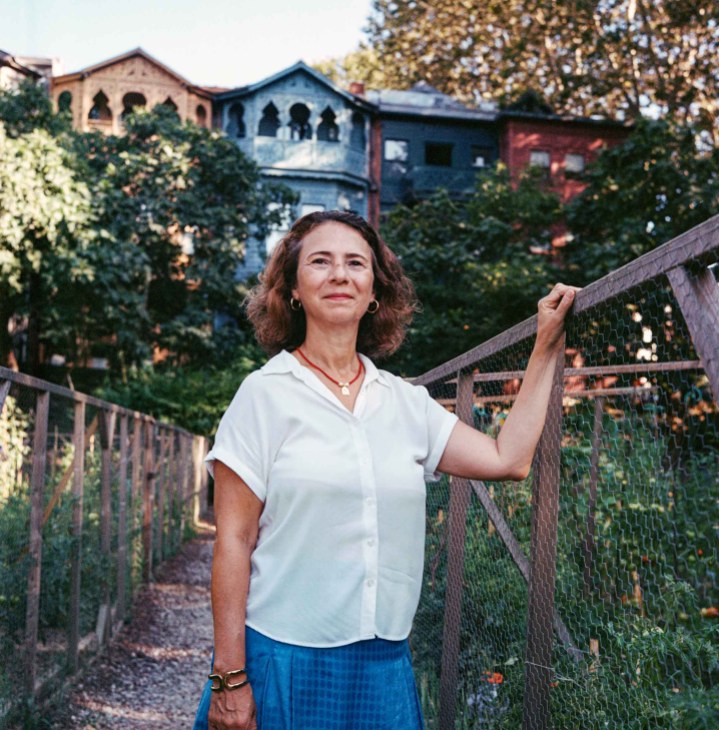 Food writer Nazli Piskin at the Kuzguncuk Bostan (The Gardens of Kuzguncuk). Local residents participate in lottery to be alotted a land plot with an orchard to cultivate vegetables and greens. Istanbul, Turkey