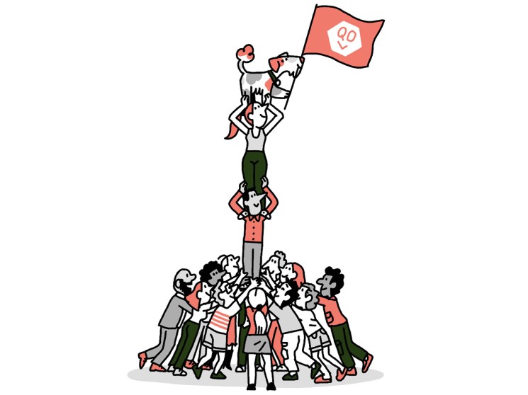 Illustration of a castell human tower, with dog Macy at the top