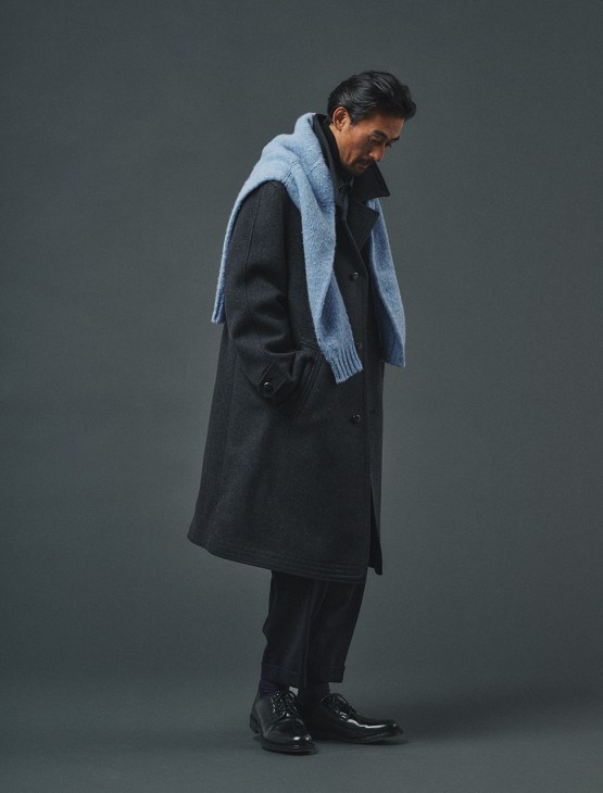 Male model in jumper and trousers by
Beams Plus, coat by Prada, shirt by
Aspesi, rollneck jumper by Uniqlo,
socks by Tabio, shoes by Church’s