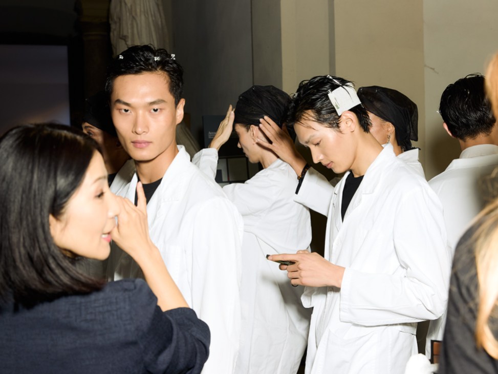 Models backstage at Giorgio Armani’s farewell show at Milan Fashion Week