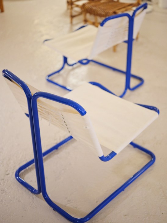 Pair of blue tubular metal chairs by
Joaquim Belsa Aldea for Lamper (1971)