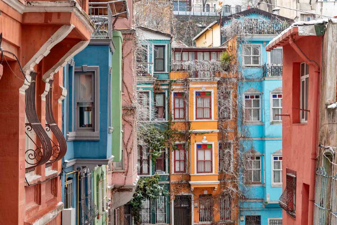 View of The Colorful vibrant houses in Old Balat neighborhood(Formerly Istanbul's Greek Orthodox and Jewish quarter) at winter in Fatih district of Istanbul, Turkey