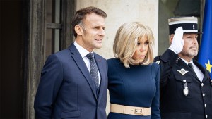 The french President Emmanuel Macron and the First Lady Brigitte Macron seen at the entrance of the Elysée Presidential Palace
