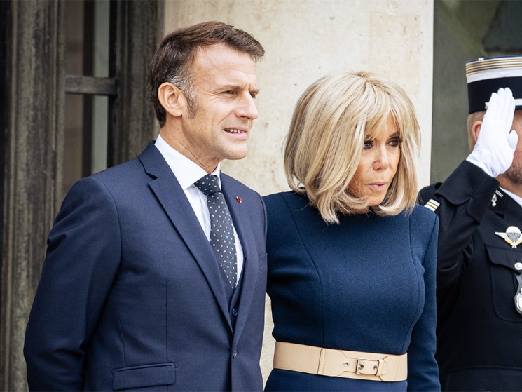 The french President Emmanuel Macron and the First Lady Brigitte Macron seen at the entrance of the Elysée Presidential Palace