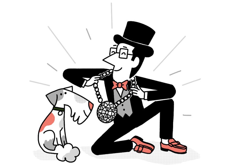 Andrew Tuck illustrated in a top hat and tails with his dog Macy