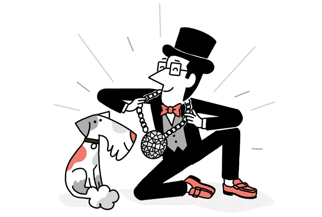 Andrew Tuck illustrated in a top hat and tails with his dog Macy