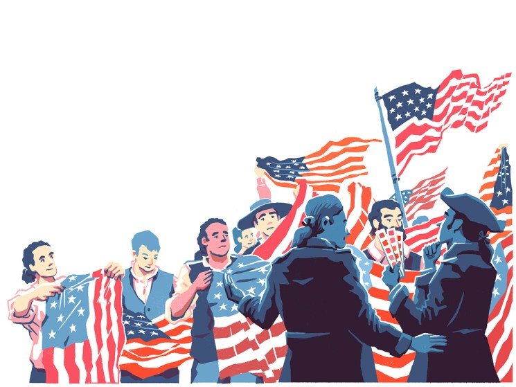 Illustration of people holding American flags