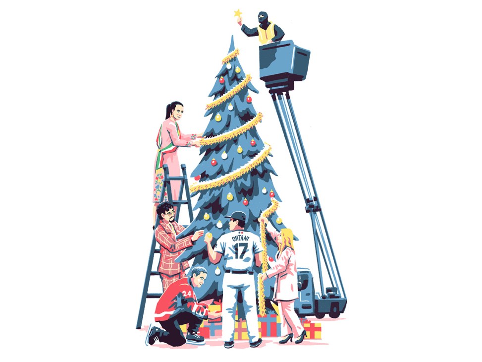 Illustration of individuals of different cultures decorating a Christmas tree