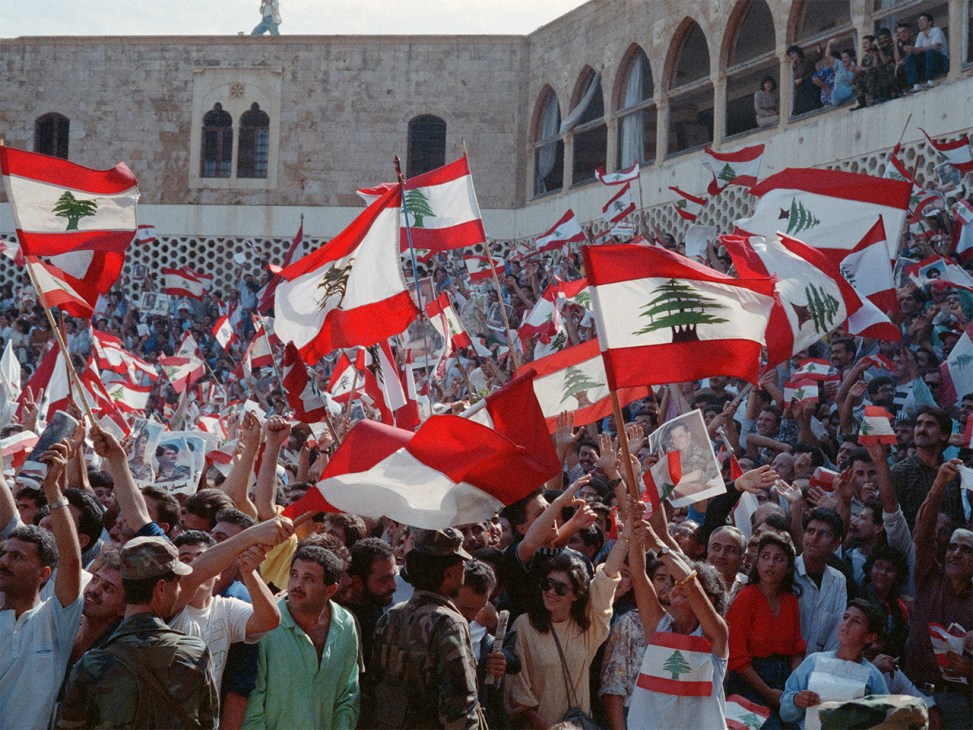 Crowds in the city celebrate the 1989 Taif Agreement that paved the way for peace. The agreement formalised power sharing between Lebanon’s 18 registered religious groups.