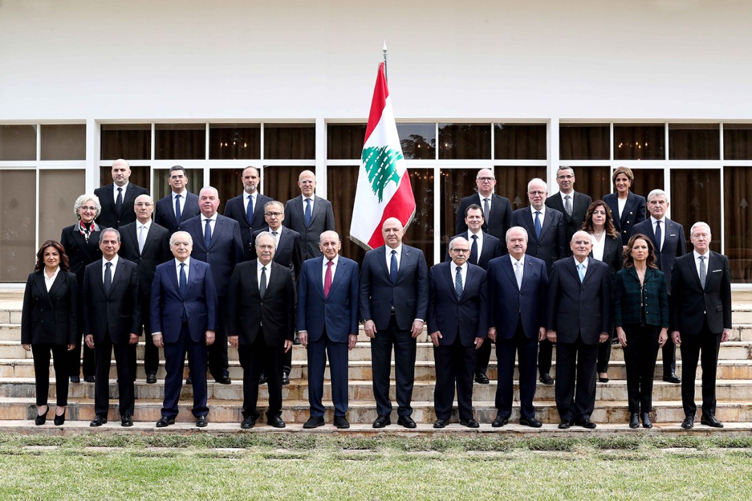 The new Lebanese government poses outside the Baabda Presidential Palace in February 2025. President Joseph Aoun and Prime Minister Nawaf Salam stand in the centre.