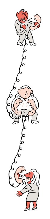 illustration showing two angry people on a phone call, with a mediator in the middle