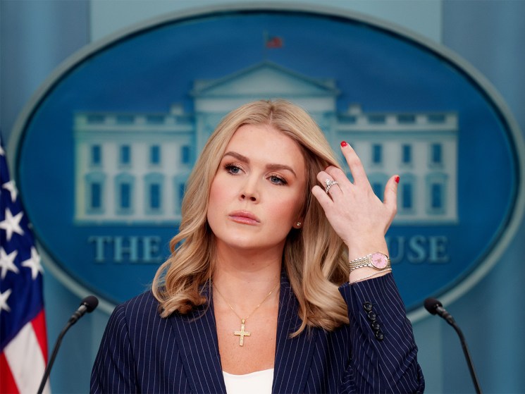 White House Press Secretary Karoline Leavitt takes a question from a reporter during the daily press briefing at the White Hous